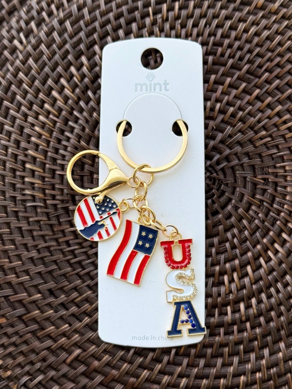 Mint USA Flag Keychain Charm - Red, White & Blue with Gold Hardware